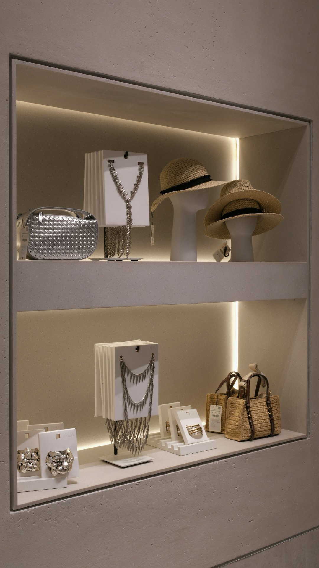 Elegant minimalist boutique interior with display cases